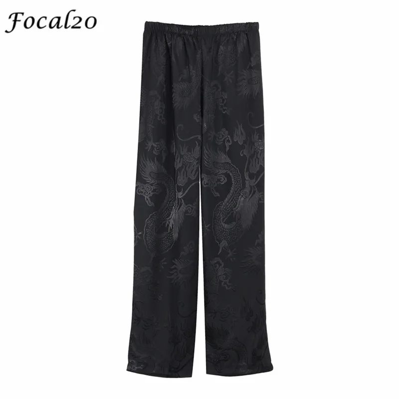 Focal20 уличная вышивка с драконом женские брюки с эластичным поясом и карманами женские прямые брюки повседневные свободные длинные брюки