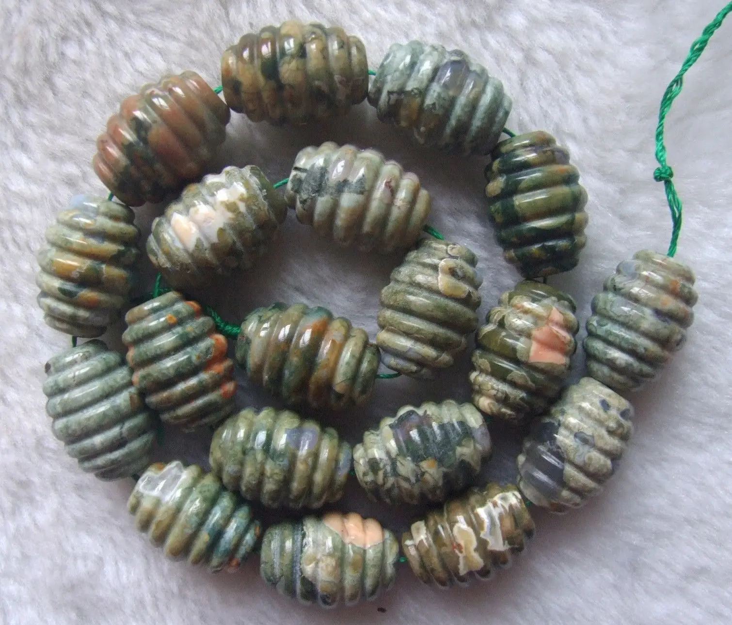 

15x20mm Natural Green Unakite Carved Drum Loose Beads 15.5"