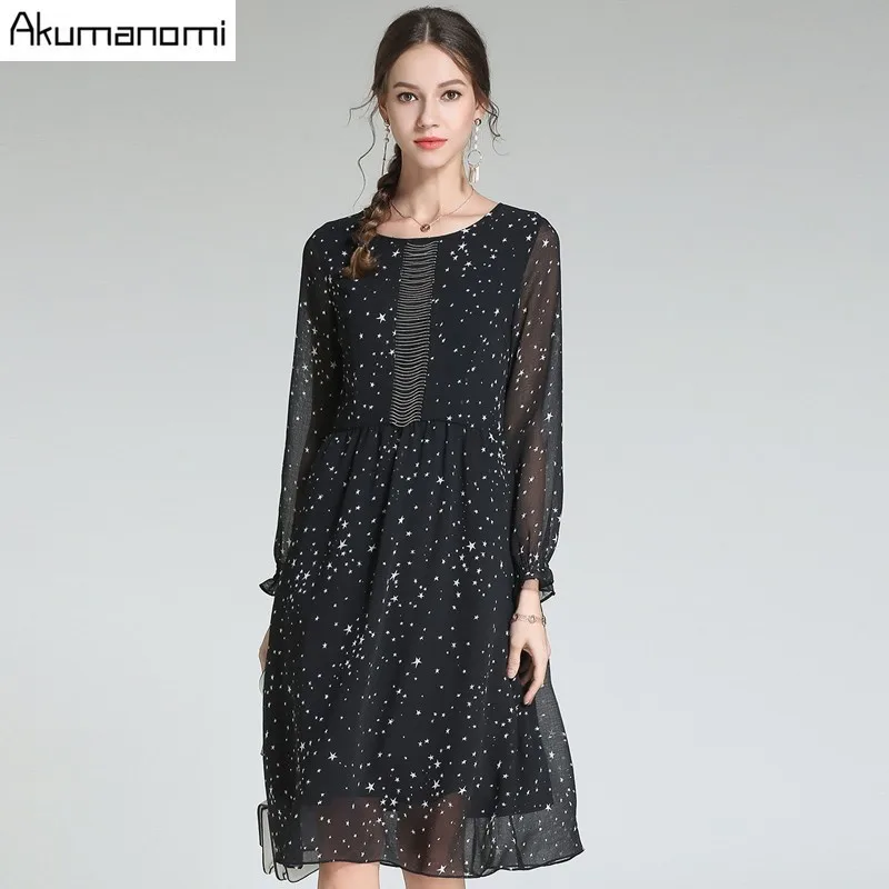 Осеннее шифоновое платье Женская одежда черное Расшитое бисером О-образный вырез фонарь длинный рукав принт со звездами весеннее платье размера плюс 5xl 4xl 3xl-M - Цвет: Черный