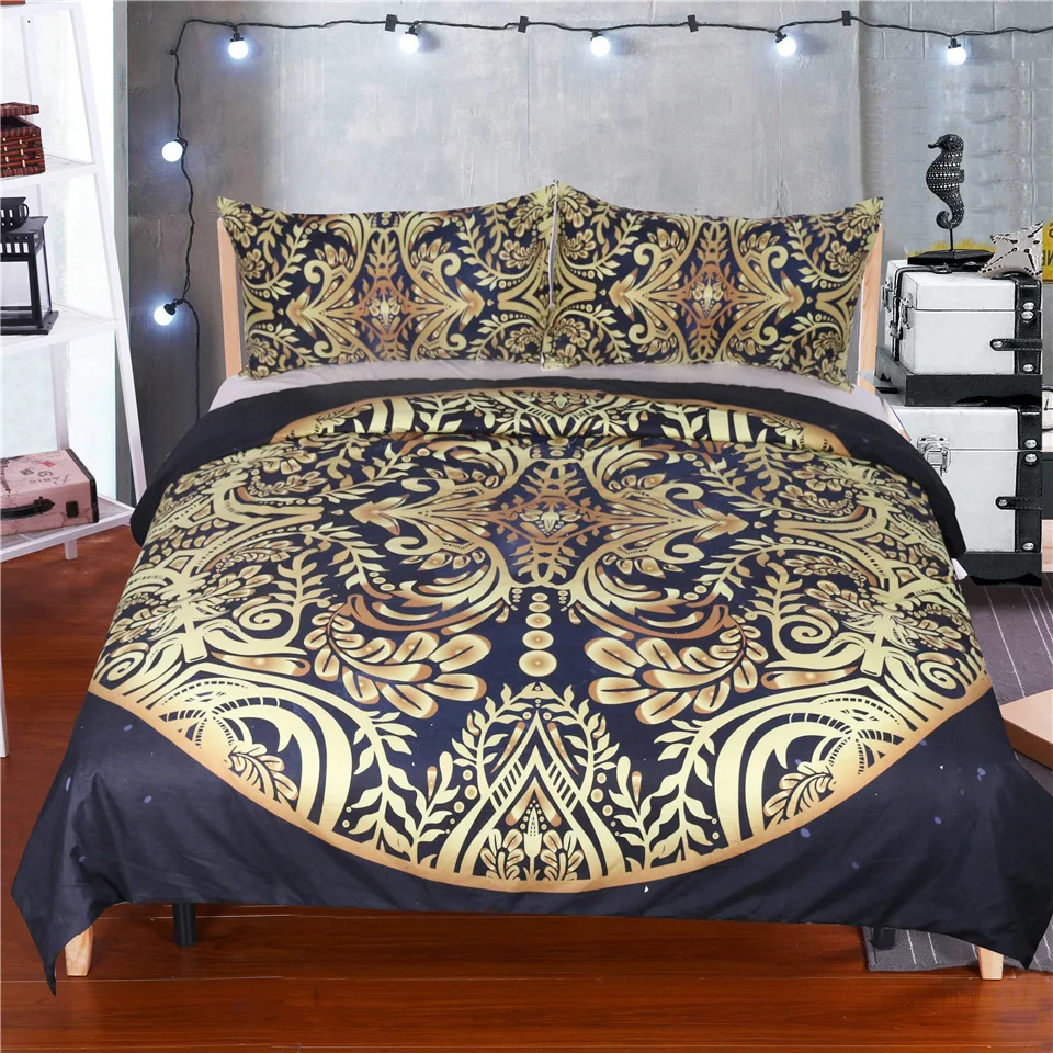 

Mandala flowers Duvet Cover With Pillowcase Black Golden Bedding Set Queen Size Boho Bed Set Quilt Cover 3D geometric pattern