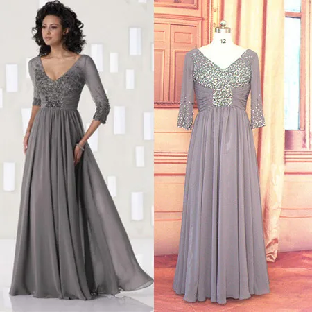 Three Quarters Sleeves Mother Dress Custom Made V Neck Pleated Floor Three Quarters Sleeves Mother Dress Custom Made V Neck Pleated Floor Length Chiffon Wedding Party In Of The Bride Dresses From