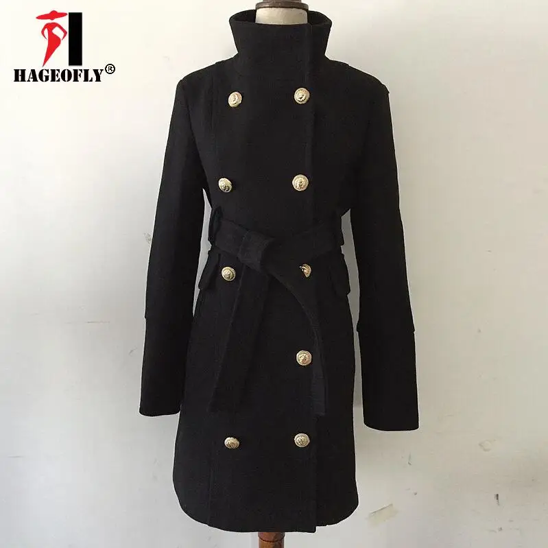 Новое зимнее черное шерстяное пальто дизайнерское женское двубортное пальто с пуговицами льва длинный Британский пояс тонкое пальто - Цвет: black