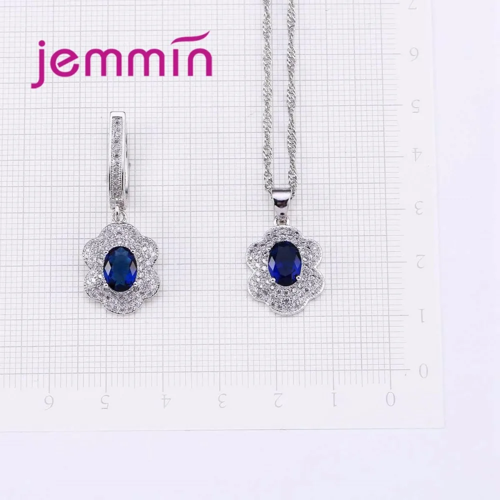 Jemmin 925 Sterling Silver Jewelry Blue Oval Sapphire White CZ Jewelry Sets For Women Wedding Earrings/Pendant/Necklace Set - Image 4