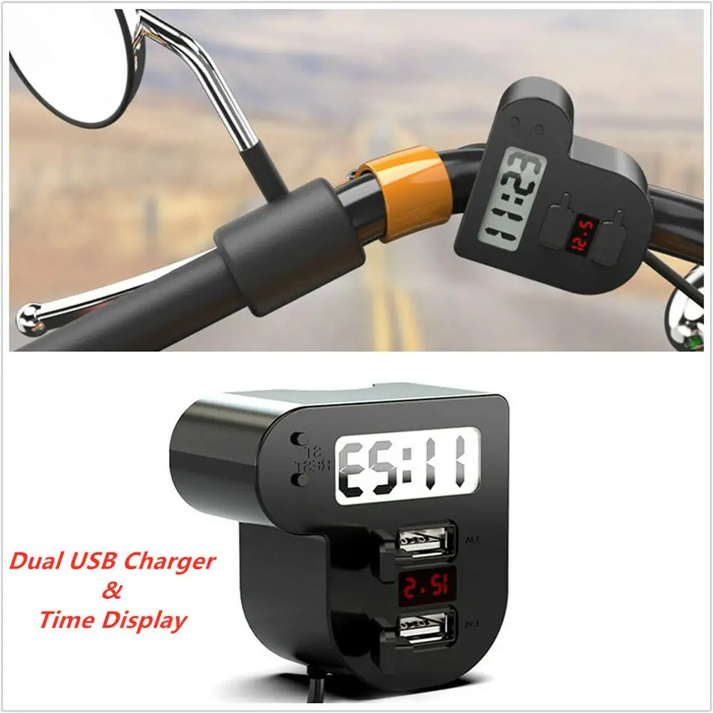 

NEW Cell Phone Dual USB Charger 2.1A LED Time Display For 12V Motorcycle Handlebar