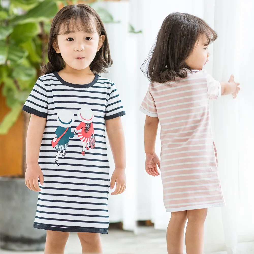 

2019 New Baby Girls Summer Striped Dress Children Cartoon Printed Princess Dresses Kids Cotton Pastoral Style Clothing 1-9 Years