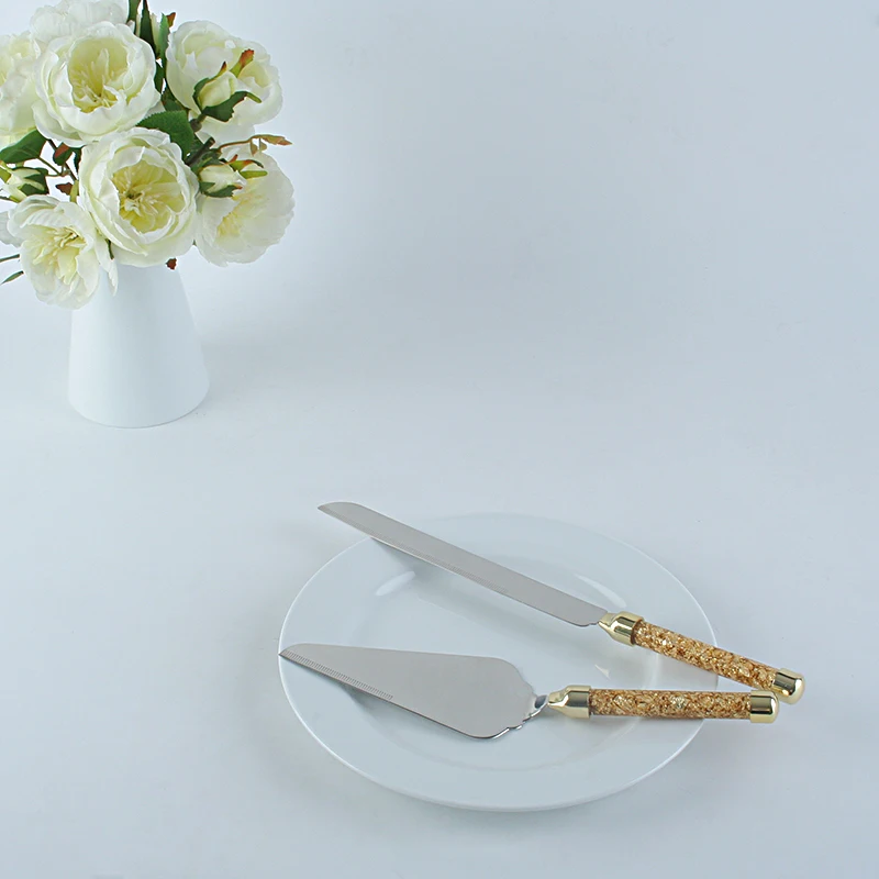 

Wedding Cake Cutlery Set, Luxury Gold Foil Paper Decorated Handle, 1pc 8" Long Cake Knife & 1pc Cake Server, Gift-Box Packing