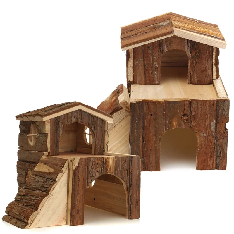 

1PC Miniatures Small Wooden House Two Storey Cabin Wood Villa Hut Ornaments For Animal Hamster Guinea Pig Rat Toy 3 Size