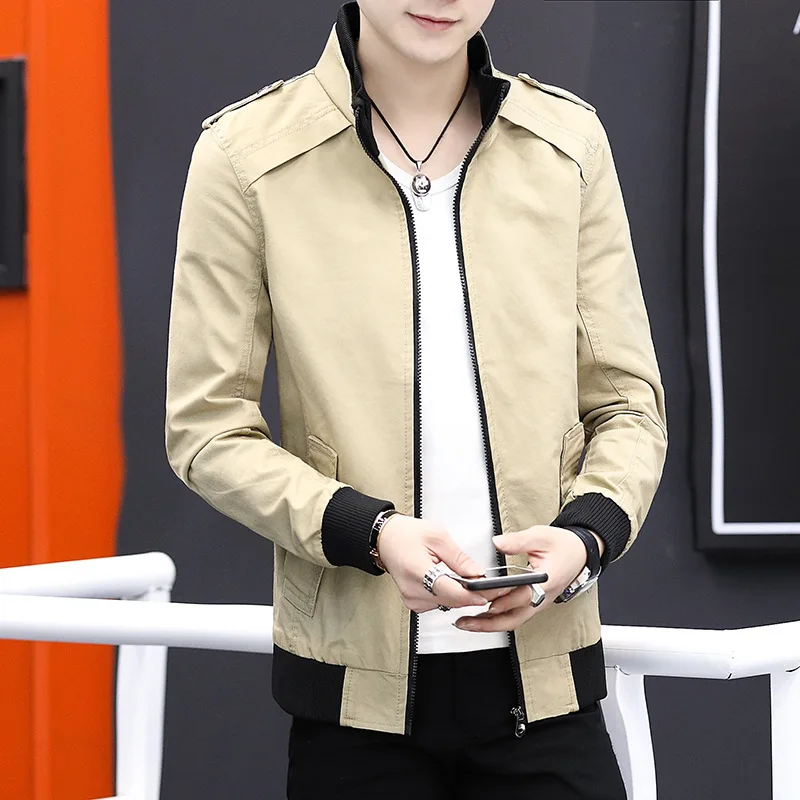

Spring new men's cotton washed jacket solid color casual jacket tide youth stand collar slim coat 4 color M L XL XXL 3XL 4XL 5XL