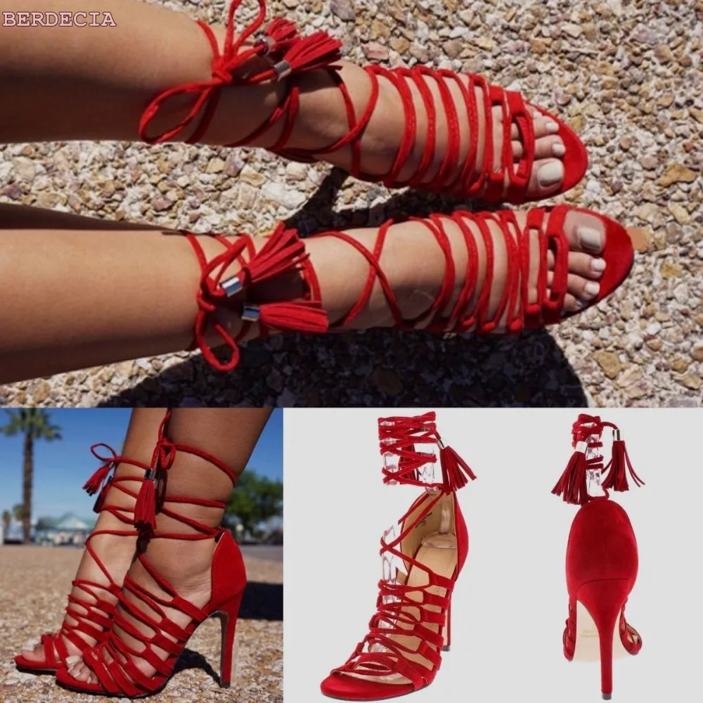 red suede leather fringe sandals open toe high quality woman shoes cross tied high heels wedding party ladies sandals on sale