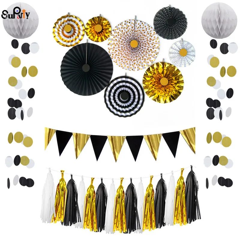 us 28 08 48 off 1 set black and gold pinwheel background giant paper flowers backdrop paper rosette flag banner tassels wedding wall covering in rosette paper flower
