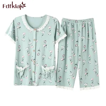 

Fdfklak Casual Plus Size Sleepwear Two Piece Set Print Short Sleeve Pyjamas Women Cotton Summer Pajamas Ladies Pijama Suit 3XL