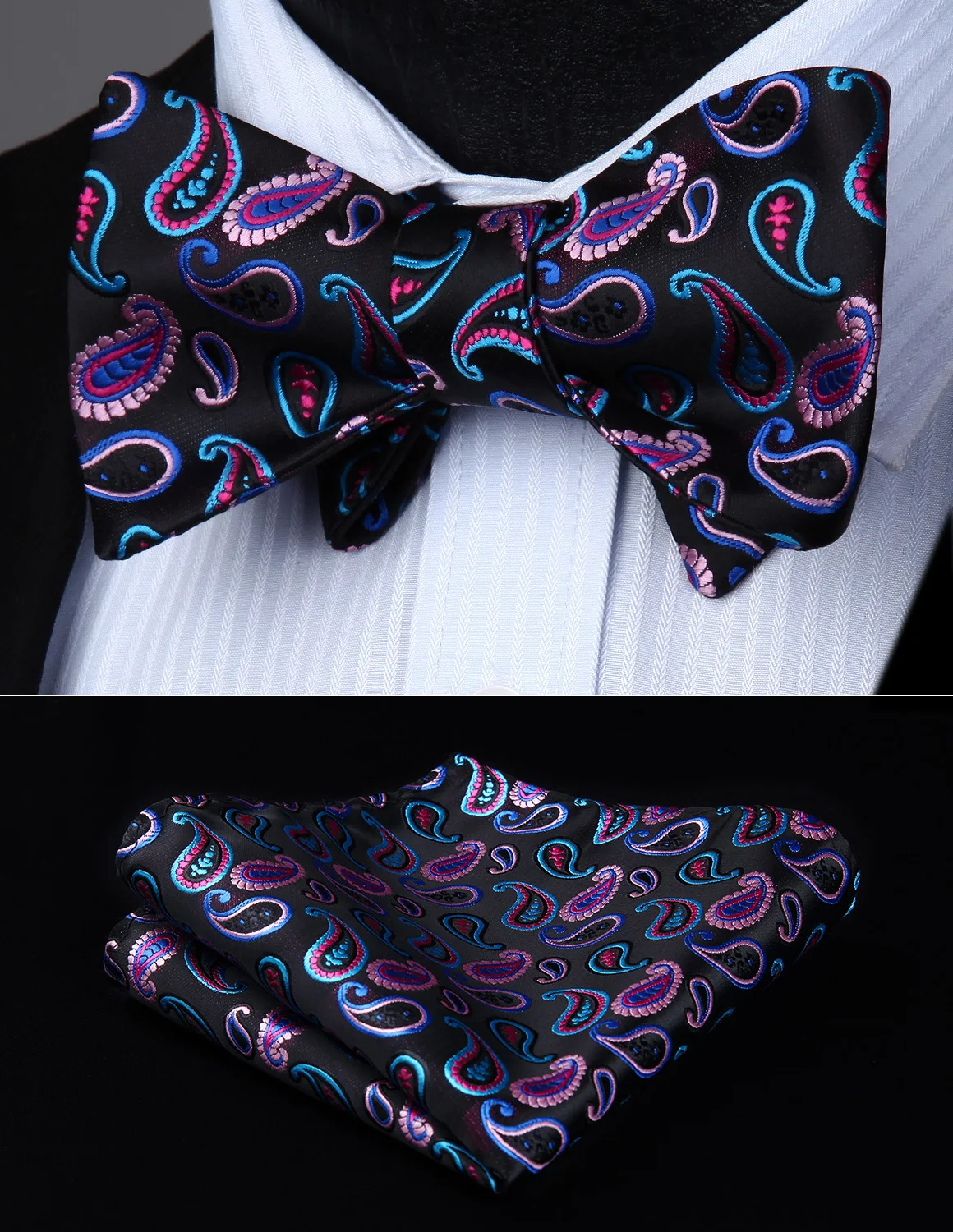 BP715BS Blue Blackpurple Paisley Bowtie Men Butterfly Silk Self Bow Tie