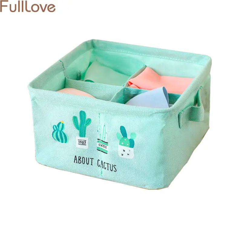 

4 Grid Cloth Bra Underwear Organizers Storage Socks Drawer Divider Folding Storage Boxes Cactus Printed Linen Closet Organizer