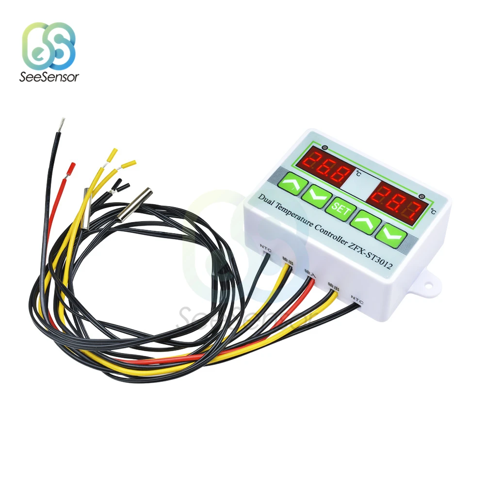 

ST3012 AC 220V 12V 24V Digital LED Dual Thermometer Temperature Controller Thermostat Incubator Control Dual NTC Sensor Probe