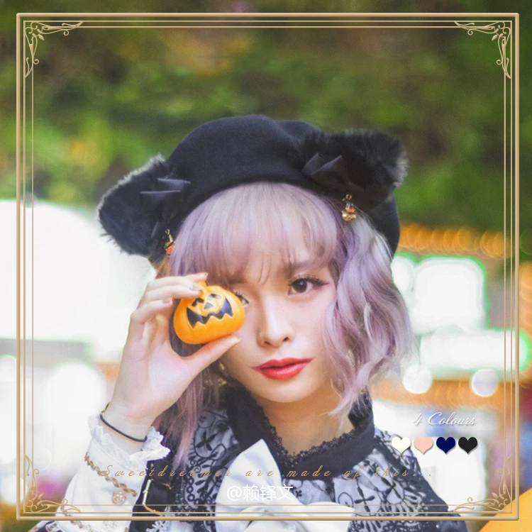 

Black Cat-Lolita Girls Cat Ears Bows Trim Drawer's Beret Hat Halloween Kawaii Cute Woolen Painter Beret Cap 4 Colors