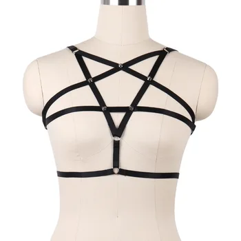 

Black Hollow Out body Harness Cage bras Strappy Elastic Bondage Goth Exotic pentagram bra top