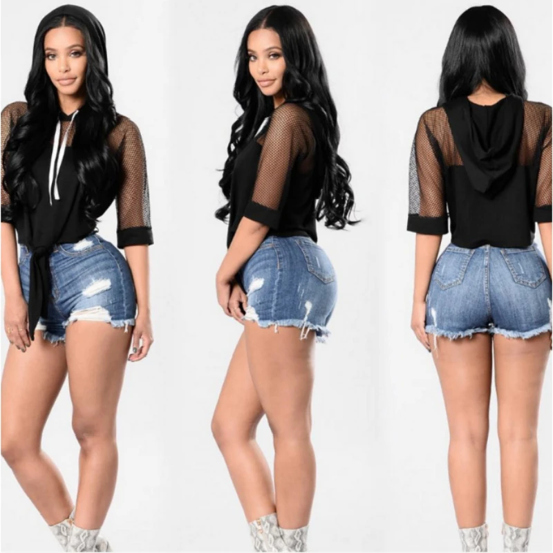 

Stitching hole high waist shorts jeans women's hot pants