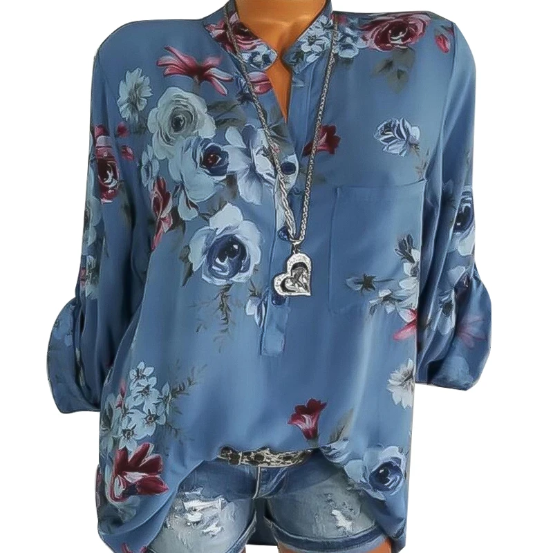 

2019 Blouse Women Fashion Print V-neck Long Sleeve Shirt Top Blusas Femininas De Ver O Korean Fashion Clothing Women Clothes