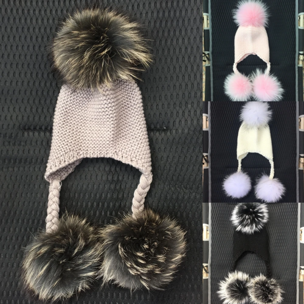 Детская зимняя шапка с помпоном из натурального меха норки енота|beanie wool|pompom hathat