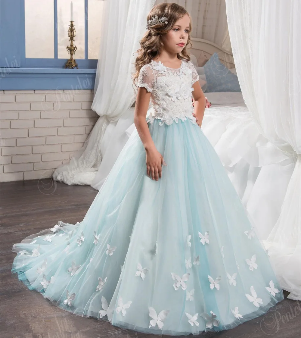 2017 Tulle Lace Appliques Flower Girls font b Dress b font Short Sleeve First Communion font