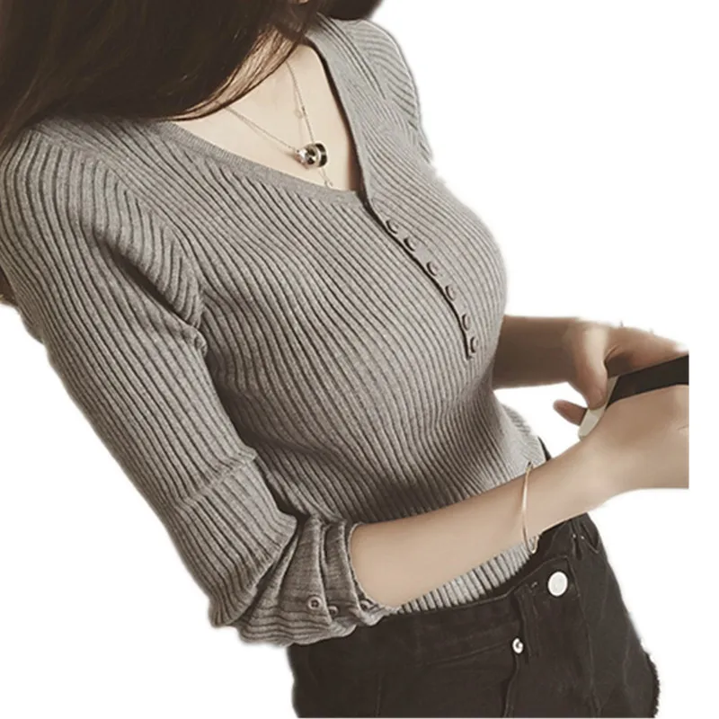 Knitted Sweater Sexy Deep V Neck Cashmere Sweater Female Women Sweaters And Pullovers Autumn Long Sleeve Button Tops 2018