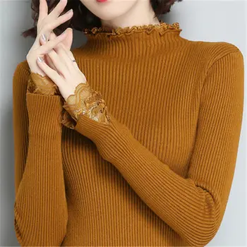 

New 2020 Fashion Half-Turtleneck Sweater Women's Pullover Autumn Winter Slim Short Lace Sleeve Korean Knit Shirt Tops A1244