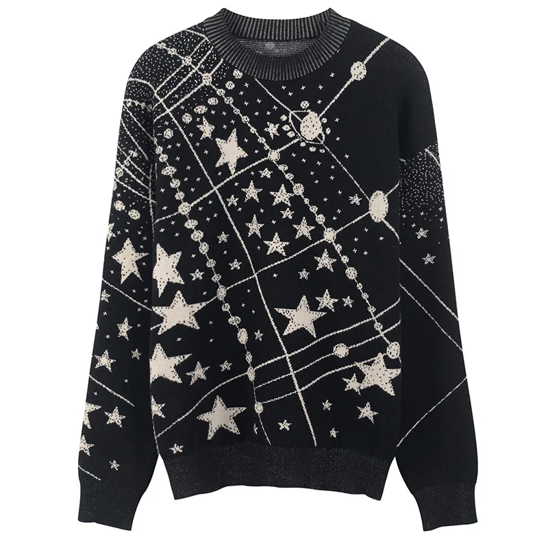 Vente 2018 automne hiver Laides Jacquard pulls rétro galaxie étoile motif chandail femmes Vintage à manches longues pulls