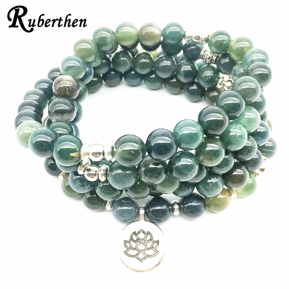 

Ruberthen Natural Stone 108 Mala Women`s Jewelry Balance Lotus Yoga Bracelet Natural Moss Agates Bracelet or Necklace