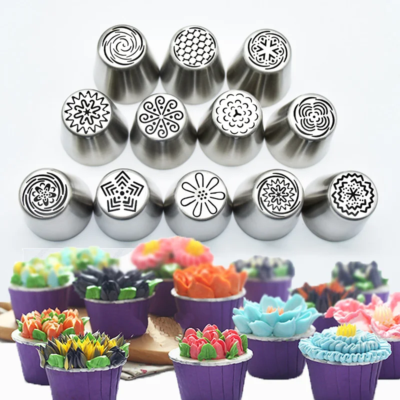 12Pc Russian Nozzles Set Stainless Steel Nozzles Cake Cupcake Decorating Icing Piping Nozzles
