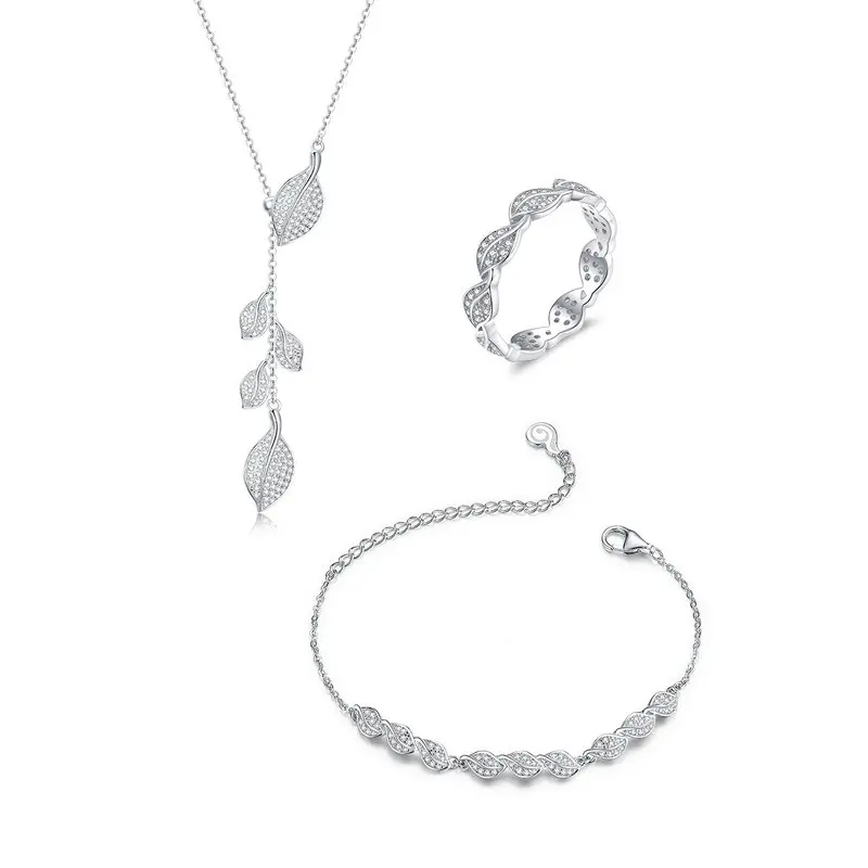 

BISAER Jewelry Set Sterling Silver 925 Leaves Shape Fashion Design Zirconia Necklace+Bracelet+Ring Jewelry Set For Women HPS128