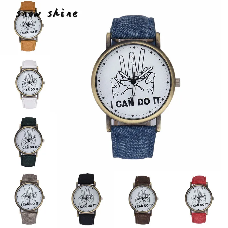 snowshine 10xin Women Men I Can Do It Victory Sign Leather Strap Quartz Wrist font b