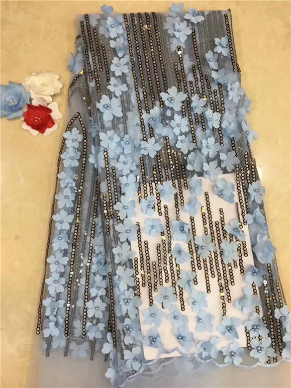 

2018 High Quality African Lace Fabrics/French Net Embroidery Sky Blue Sequins Beads Tulle Lace Fabric For Woman Wedding Dress