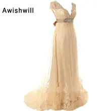 Champagne Color Short Sleeve V-neck Beaded Lace Tulle Pregnant Evening Dresses Long Women Formal Special Occasion Dress 2017