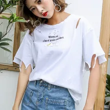PLAMTEE Candy Color Patch T Shirt Women Personalized Torn T-Shirts Female Summer Embroidery Letter Tee Shirt Casual Hole Tops