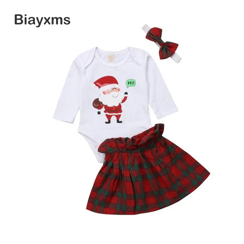 

Christmas Newborn Infant Baby Girls Clothing Set Cartoon Santa Baby Girl Romper Bodysuit + Plaid Skirt 3Pcs Outfits D15