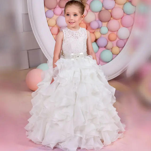 Cheap Prom Dress Children White Flower Girls Dresses for Wedding Holy Communion Dresses Voile vestido longo Long Girls Dress