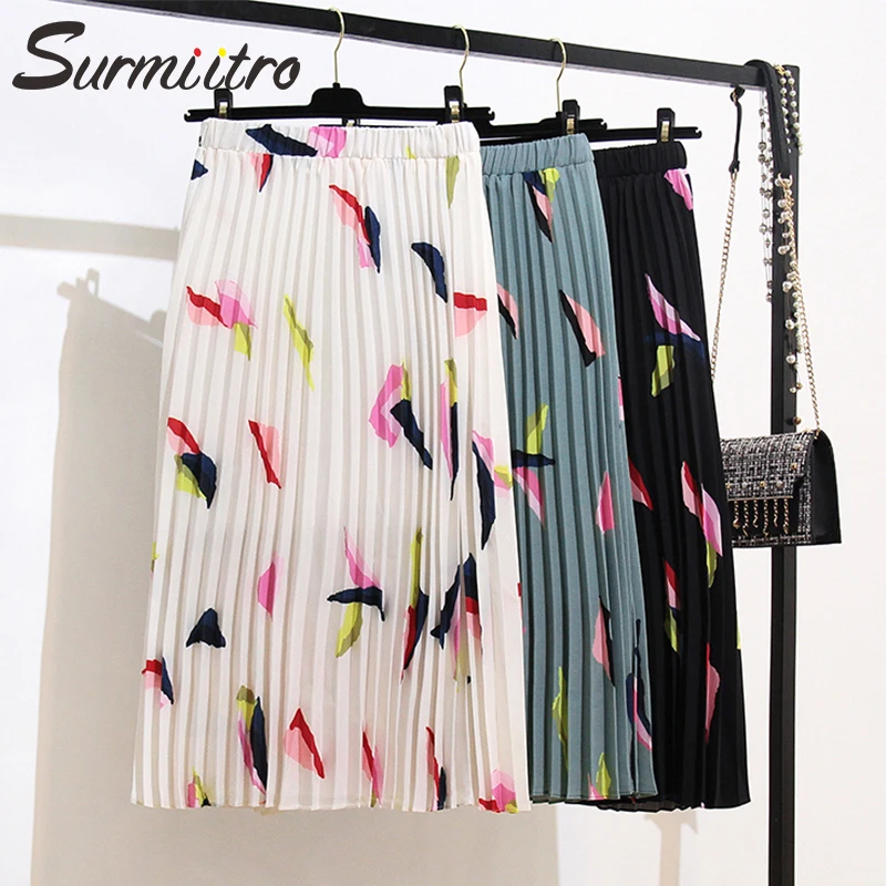 

Surmiitro Midi Long Colorful Print Chiffon Summer Skirt Women Fashion 2019 Ladies Elegant High Waist Pleated Sun Skirt Female