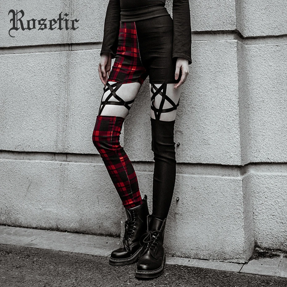 Cena Rosetic Pentagram kobiety czarne spodnie gotyckie fajne szczupłe cienkie wysokiej talii zamek w kratę kolor w czerwoną kratę Hollow Punk Style ołówek spodnie