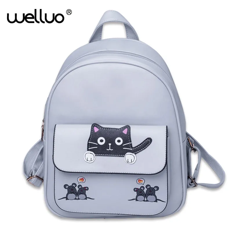 

Cartoon Printing Backpack Women For Teenage Girls Backpacks PU Leather Female Shoulder Bags Cute Cat Rucksack Mochila XA495WB