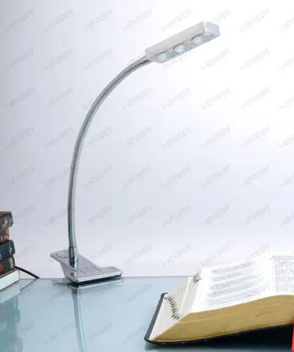 Гибкая труба 3 Вт Светодиодный светильник для чтения на столе с зажимом, лампа для фото, кнопка вкл/выкл, вилка для кабинета, выставки, спальни, серебристый корпус
