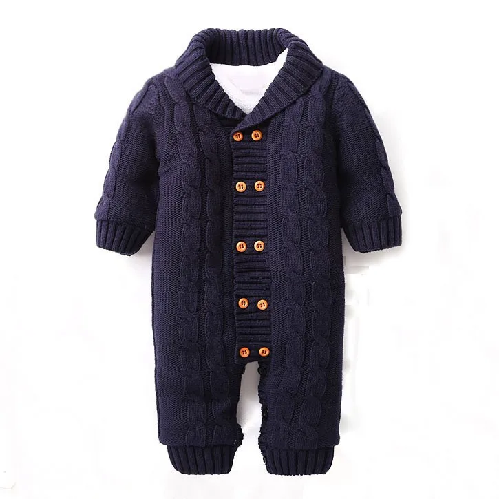 Высокое качество Детские ползунки Зимняя одежда хлопок толстый теплый вязаный свитер детские халаты для новорожденных мальчиков и девочек Комбинезон верхняя одежда - Цвет: navy blue