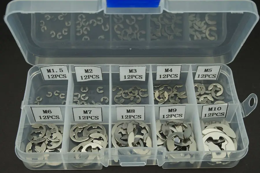 120 PCS/Lot 304 Stainless Steel Circlip / Snap Retaining Ring Assortment Set M1.5M10 Free