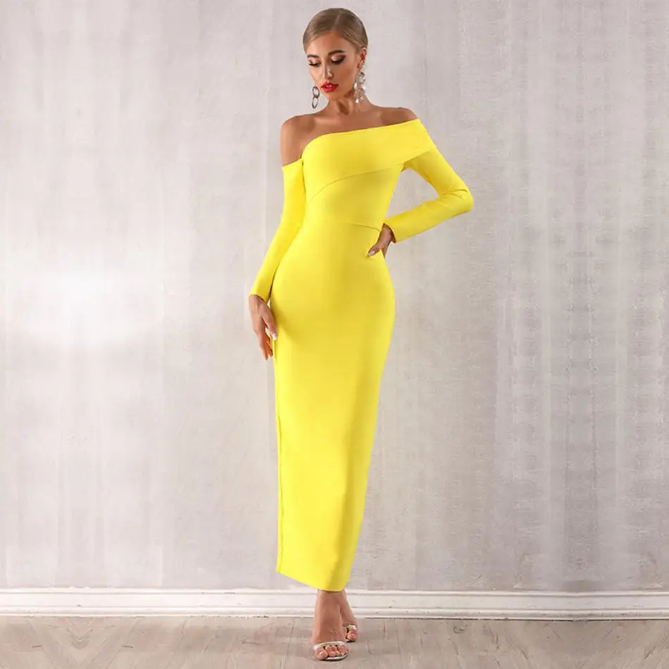 

New 2019 Celebrity Party Bandage Long Dress Women Long Sleeve Off The Shoulder Sexy Split NightClub Maxi Dress Women Vestidos