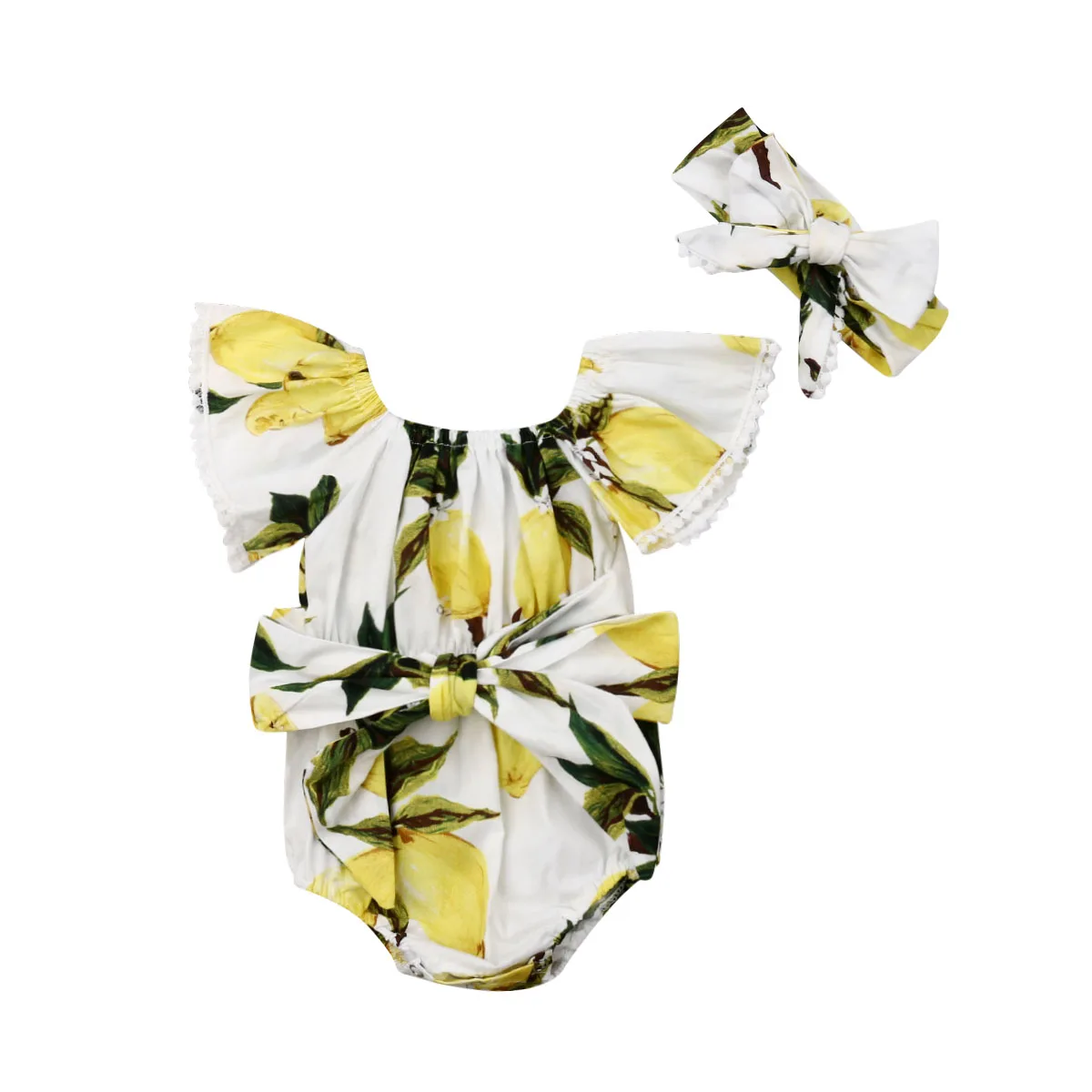 

Pudcoco Summer Infant Toddler New born Baby Girl Lemon Off-Shoulder Bow Bodysuit +Butterfly knot Clothes Set Outfit 2019