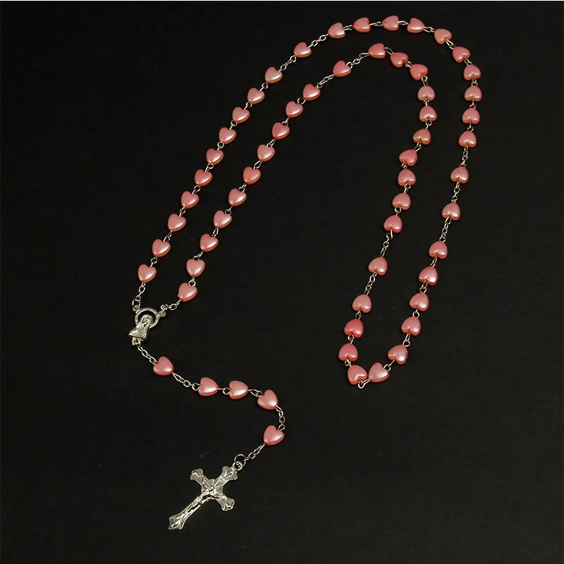 Katolicki akrylowe w kształcie serca naszyjnik różaniec, różaniec Fatima Madonna dziewczyna krzyż modlitwa różaniec długi łańcuszek, różany naszyjnik