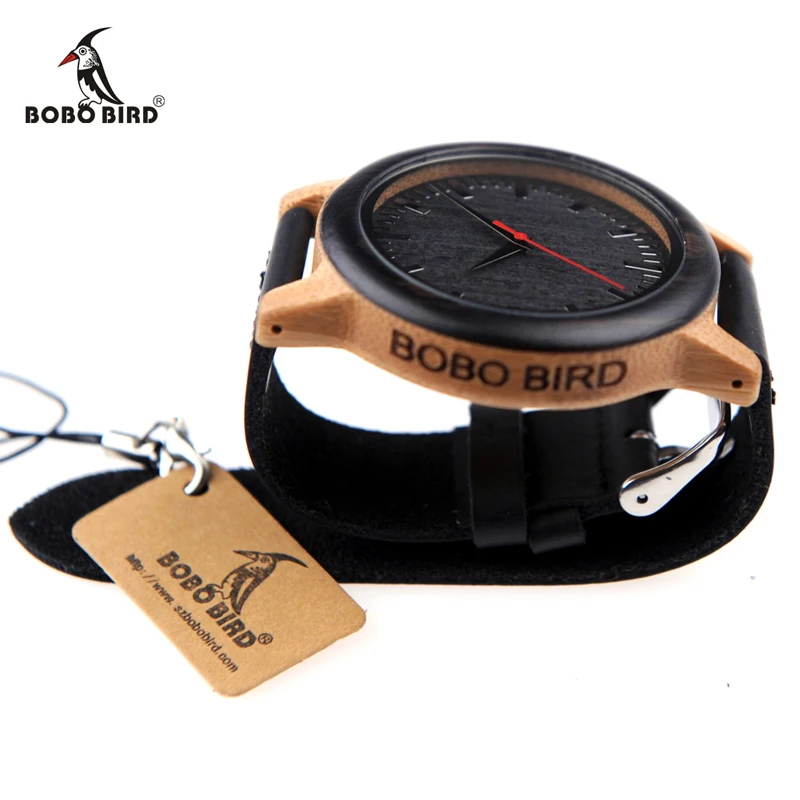 BOBO BIRD Luxury Brand Mens Watches Women Bamboo Watches Black Leather Strap Quartz Wrist Watches relogio masculino C-M13
