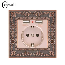 Coswall цинковый сплав высокого класса Ретро панель 16A золото стандарт ЕС мощность настенная розетка с двойным USB 2.1A зарядный порт рельефная панель