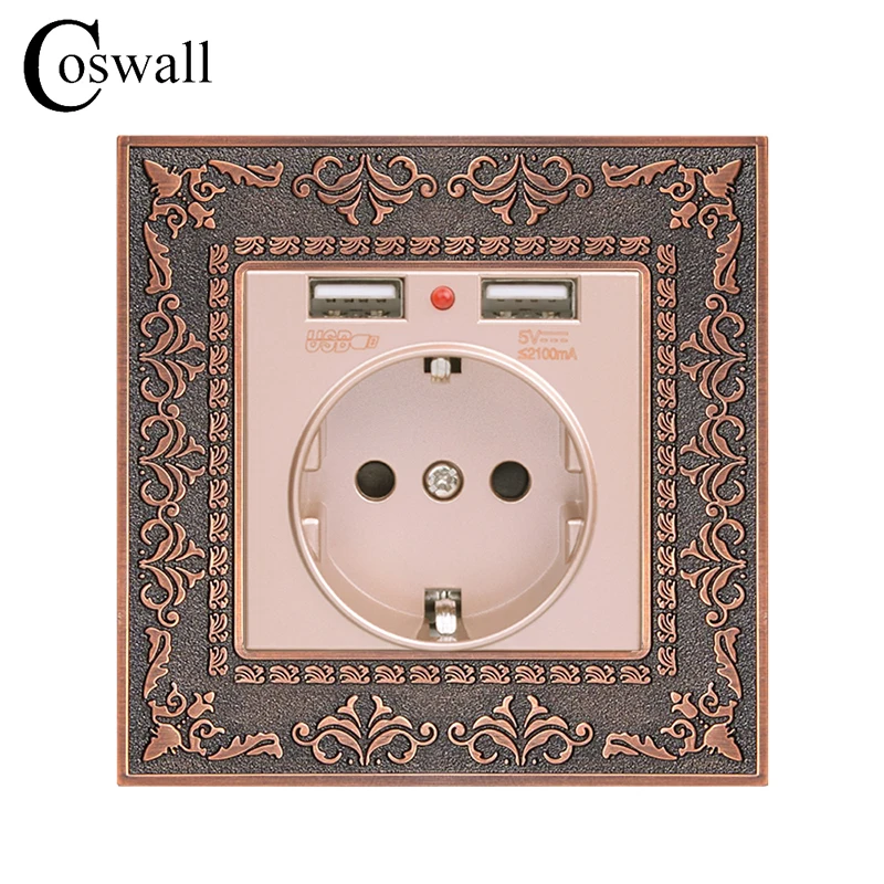 Coswall Zinc Alloy High End Retro Panel 16A Gold Eu Standard Power Wall Socket With Dual Usb 21A Charging Port Embossed huismerk kopen in de aanbieding Coswall Zinc Alloy High End Retro Panel 16A Gold Eu Standard Power Wall Socket With Dual Usb 21A Charging Port Embossed huismerk kopen in de aanbieding