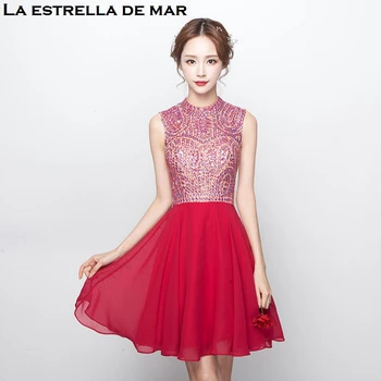 

Trajes de fiesta bodas new high-grade crystal back open A luxury burgundy bridesmaid dress short vestidos de boda invitada high