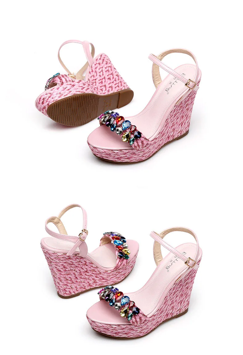 34_Summer Womens Black Buckle Sandals Fashion Elegant Silver Rhinestone Shoes Wedding Bridal High Heel Platform Wedges